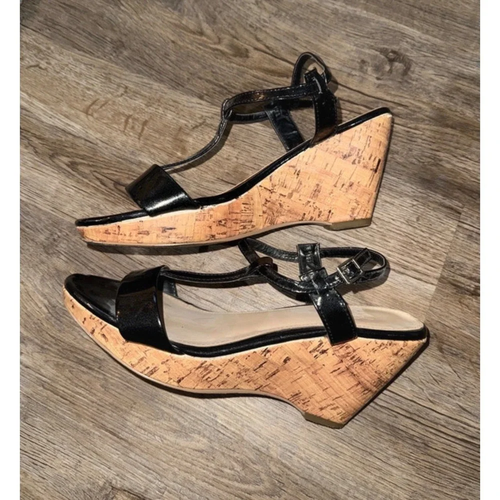 Cato Black Patent T-Strap Cork Wedge Sandals Womens Summer Ankle Strap Shoes